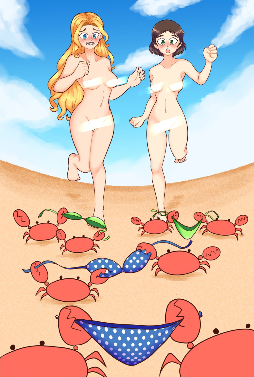 2girls assisted_exposure barefoot beach bikini_removed blonde_hair blue_bikini blue_eyes blush breasts brooke brooke_(ravenholm75) brown_hair censor_bar censored chasing crab embarrassed embarrassed_nude_female enf female green_bikini green_eyes long_hair marissa marissa_(ravenholm75) navel nude polka_dot_bikini running sand short_hair stolen_bikini streaking tagme uc-four wardrobe_malfunction