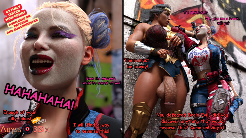 3d baseball_bat big_balls big_breasts big_penis clothed clothing comic comic_panel dc dc_comics diana_prince dickgirl futanari harleen_quinzel harley_quinn harley_quinn_(suicide_squad_game) huge_breasts huge_cock ladyabysso story suicide_squad suicide_squad:_kill_the_justice_league superheroine text text_box text_bubble veiny_penis wonder_woman wonder_woman_(suicide_squad_game)