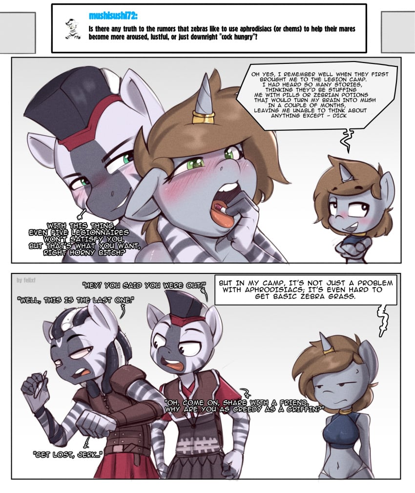 absurd_res anthro argument armor blush chibi clothed clothing dialogue disappointed drugs duo equid equine fallout_equestria felixf female group hasbro hi_res horn horse imagination imminent_sex kizya_(oc) littlepip male male/female mammal my_little_pony mythological_creature mythological_equine mythology pony sex_slave skimpy slave trio unicorn zebra zebradom