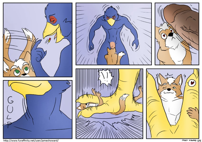 2boys 4_toes anisodactyl anthro avian avian_feet beak bird canid canine comic completely_nude dialogue digital_drawing_(artwork) digital_media_(artwork) drugs duo english_text erection falco_lombardi feet foot_focus fox fox_mccloud front_view genitals heart-shaped_pupils heart_eyes heart_symbol hindpaw humanoid_genitalia humanoid_penis james_howard macro macro_pill male male/male male_only maledom malesub mammal micro nintendo nude nude_male paws penis pills pupils siman-clifton standing star_fox stomping tail tail_motion tailwag text toes togepi1125 unusual_pupils url yaoi