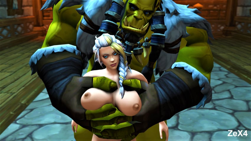 1boy 1girls 3d big_breasts blizzard_entertainment blonde_hair female green_skin groping groping_breasts interspecies jaina_proudmoore light-skinned_female light_skin male multicolored_hair orc orc_(warcraft) orc_male orced size_difference thrall warcraft white_hair world_of_warcraft zex4