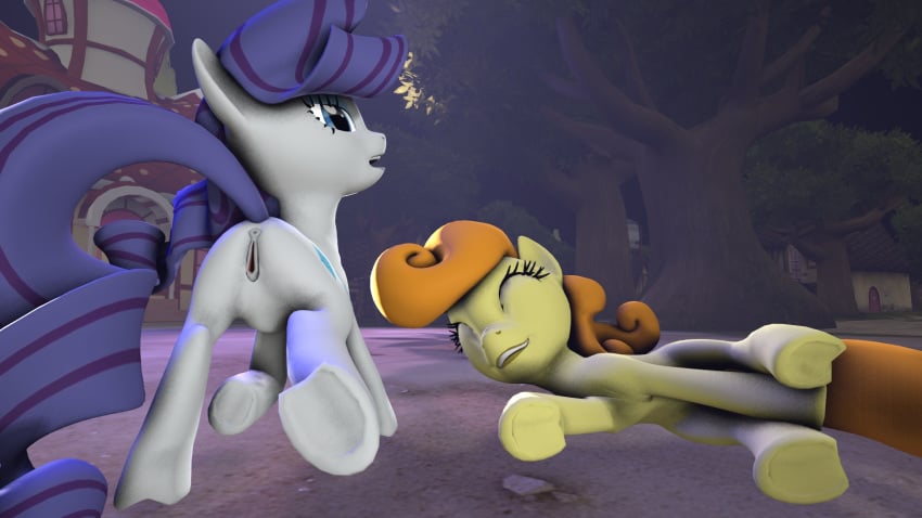 3d anatomically_correct animal_genitalia anus blue_eyes carrot_top_(mlp) closed_eyes duo equine eyelashes female friendship_is_magic horse lying mammal my_little_pony on_side pussy rarity_(mlp) skunkfrakker straight_hair