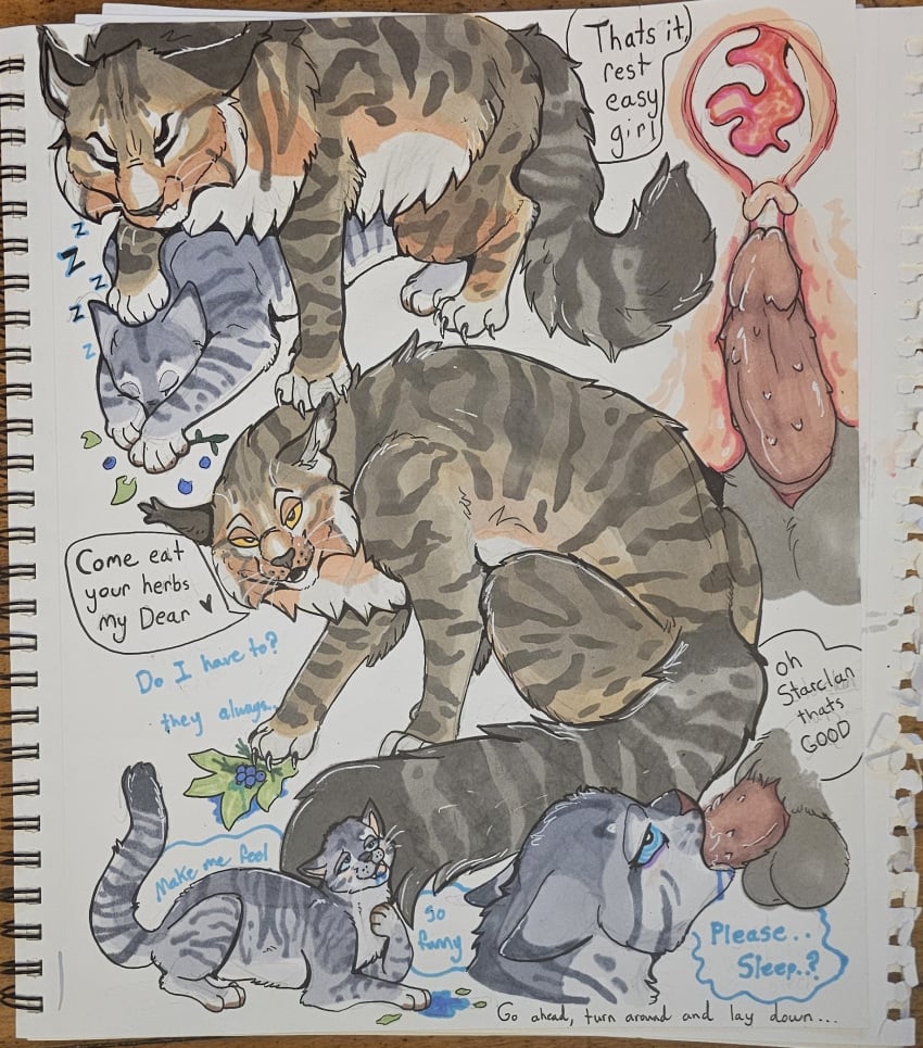 1boy 1girls amber_eyes animal brown_fur cinderpelt_(warriors) creampie drugged drugged_sex feline feral feral_on_feral gray_fur inside_view larger_male male/female medicine_cat sleep_sex sleeping smaller_female tigerstar_(warriors) warriors_(book_series) warriors_(cats)