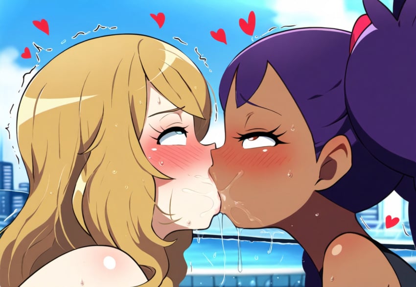 2girls ahe_gao ai_generated both_blushing female female_only human human_characters_in_pokémon iris_(pokemon) kissing making_out multiple_girls nintendo pokemon powerhouserift saliva serena_(pokemon) sloppy_kiss wet_kiss yuri