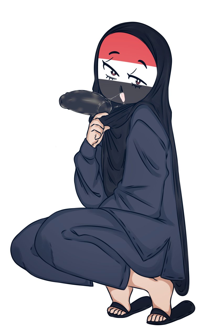 1girls countryhumans countryhumans_girl dildo dildo_gag female flawsy hijab niqab petite skinny skinny_female slim_arms squatting sucking sucking_dildo thick_thighs white_girl yemen_(countryhumans)