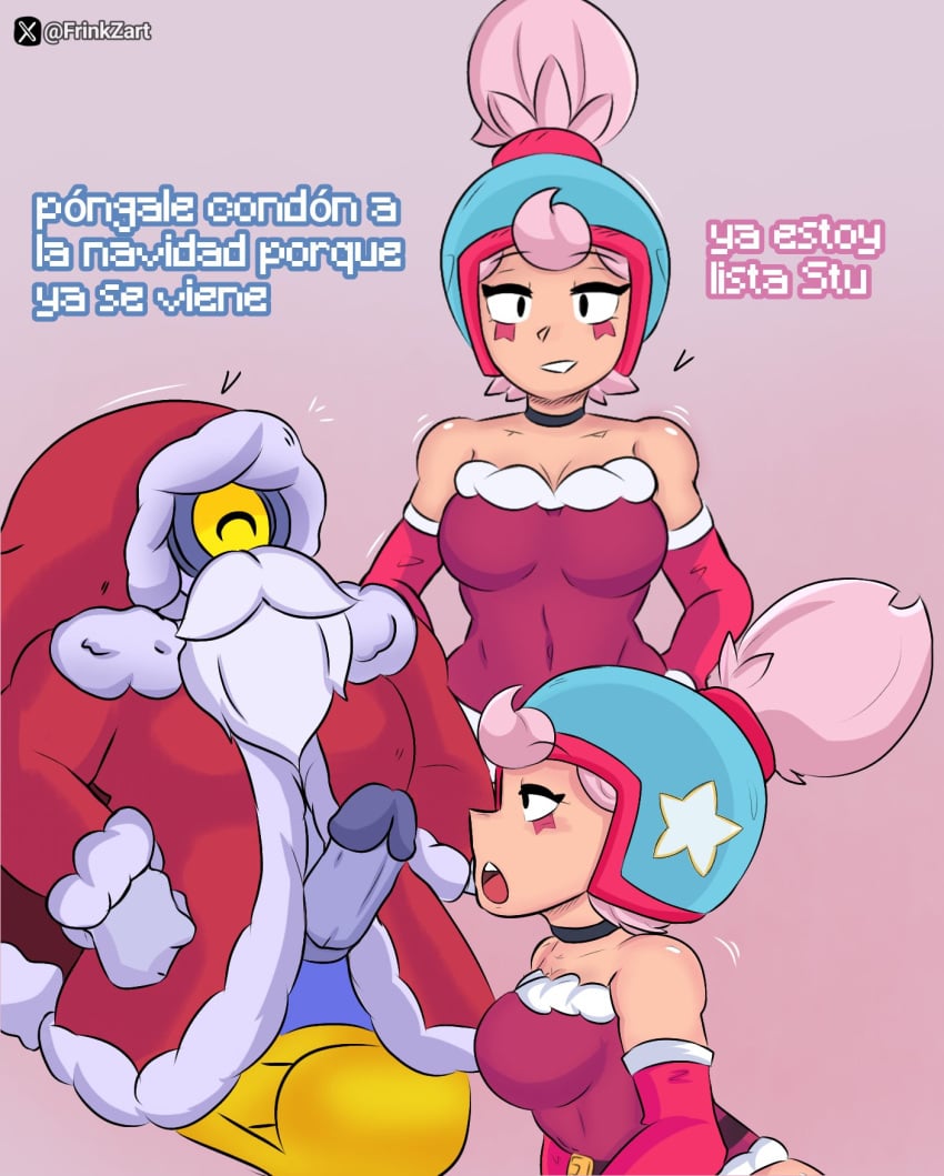 1boy 1girls brawl_stars christmas frinkzart janet_(brawl_stars) santa_claus stu_(brawl_stars) supercell