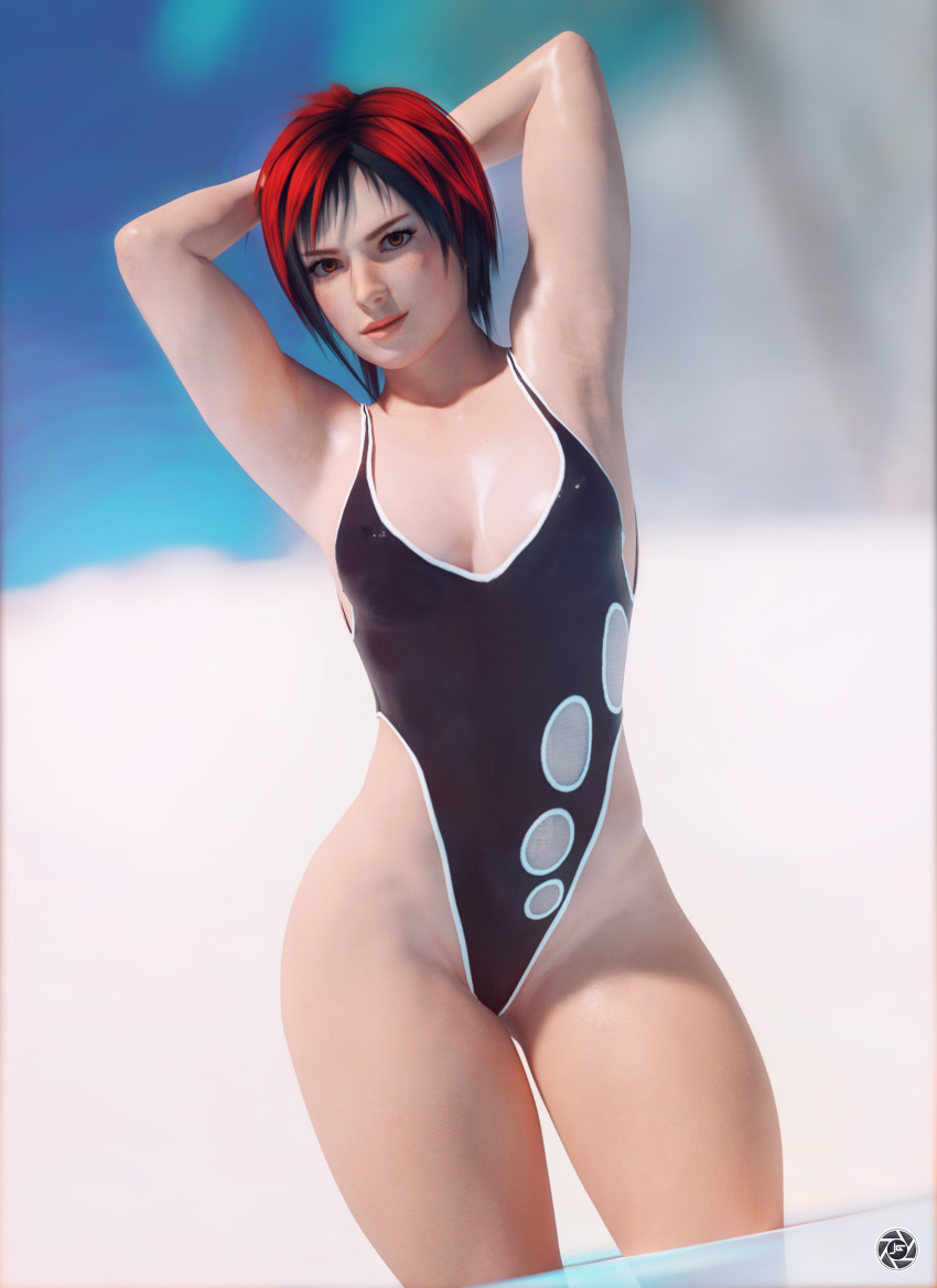 3d armpits arms_up athletic athletic_female black_hair busty dead_or_alive female female_focus female_only hourglass_figure mila_(doa) noahgraphicz red_hair tomboy two_tone_hair wide_hips