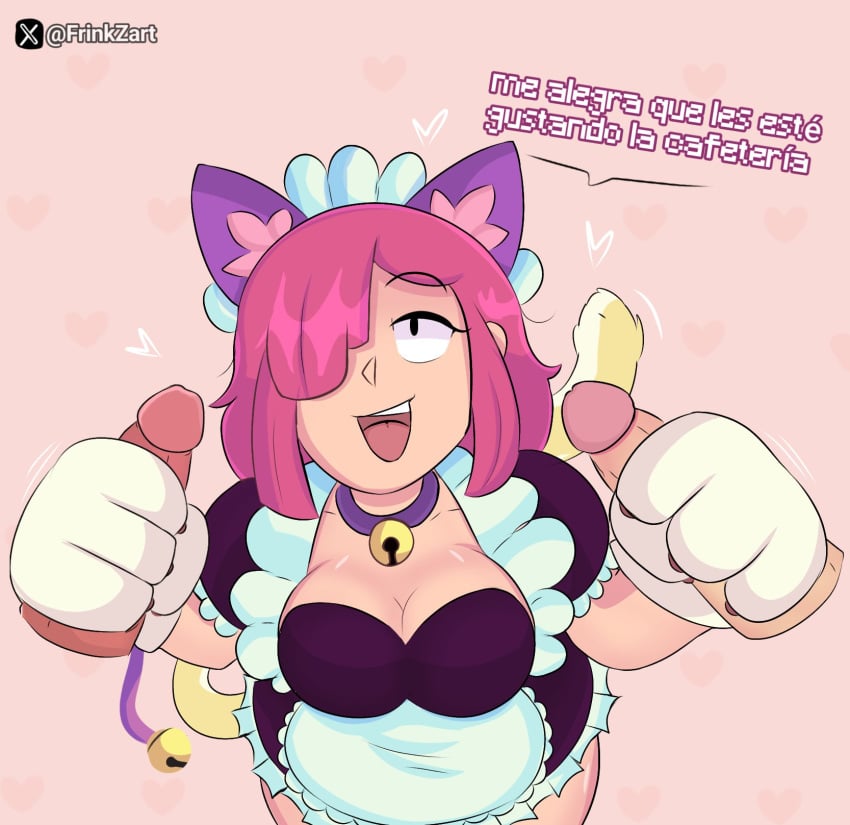 1girls 2boys brawl_stars catgirl colette_(brawl_stars) dick frinkzart jerking maid pink_hair pinku_pawlette