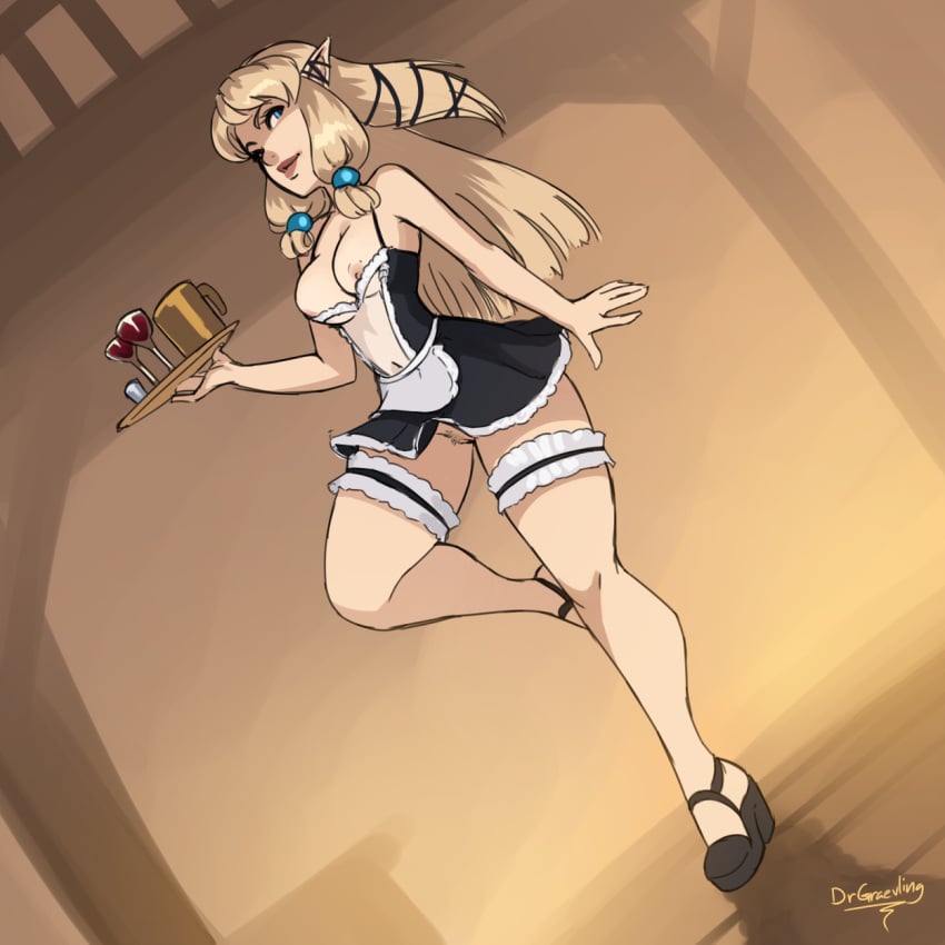 1girls areolae barmaid bent_leg blonde_hair blue_eyes breasts breasts_out dr_graevling elf elf_ears elf_female female female_only legband long_hair looking_back maid maid_uniform nipples nipples_outside no_panties pointy_ears pussy_peek solo standing_on_one_leg tray twintails