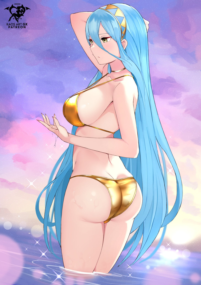 1girls alternate_costume arm_up artist_logo ass azura_(fire_emblem) big_ass bikini blue_hair breasts butt_crack closed_mouth cloud facing_to_the_side female female_only fire_emblem fire_emblem_fates from_behind gold_bikini gold_choker gold_hairband gold_swimsuit gradient_sky hairband hand_up highres kaos_art large_breasts long_hair looking_to_the_side nintendo princess purple_sky royalty sideboob sky solo sparkle strap_gap swimsuit very_long_hair wading water wet yellow_bikini yellow_eyes yellow_sky yellow_swimsuit