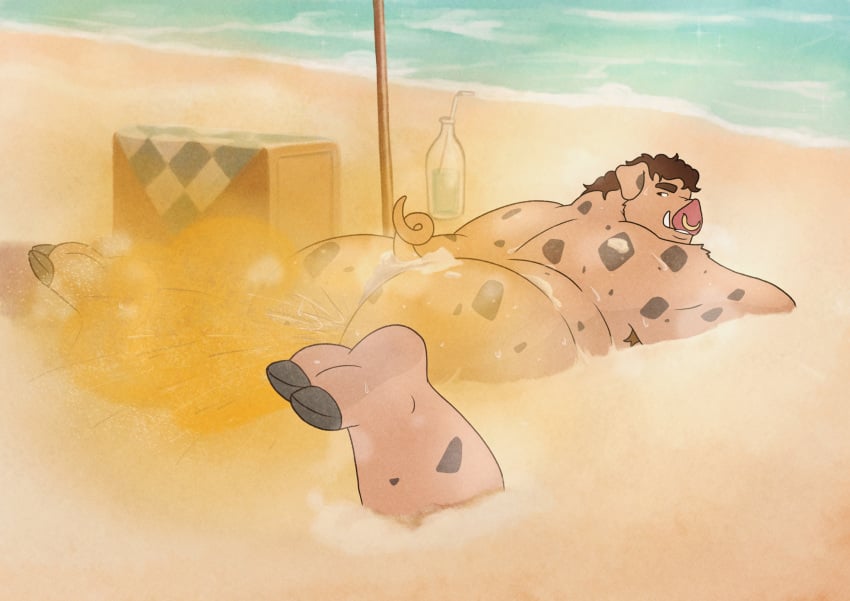 anthro ass beach big_butt buried buried_in_sand domestic_pig fart fart_cloud feet gassy hi_res inkyflush looking_at_viewer looking_back looking_back_at_viewer male mammal overweight overweight_male pose presenting presenting_hindquarters sand sea smelly solo suid suina sus_(pig) teasing water