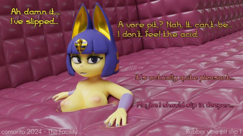 3d_(artwork) absurd_res animal_crossing ankha_(animal_crossing) blender_cycles comorito digital_media_(artwork) female hi_res latex looking_at_viewer nintendo padded_room short_stack solo through_wall trapped vore