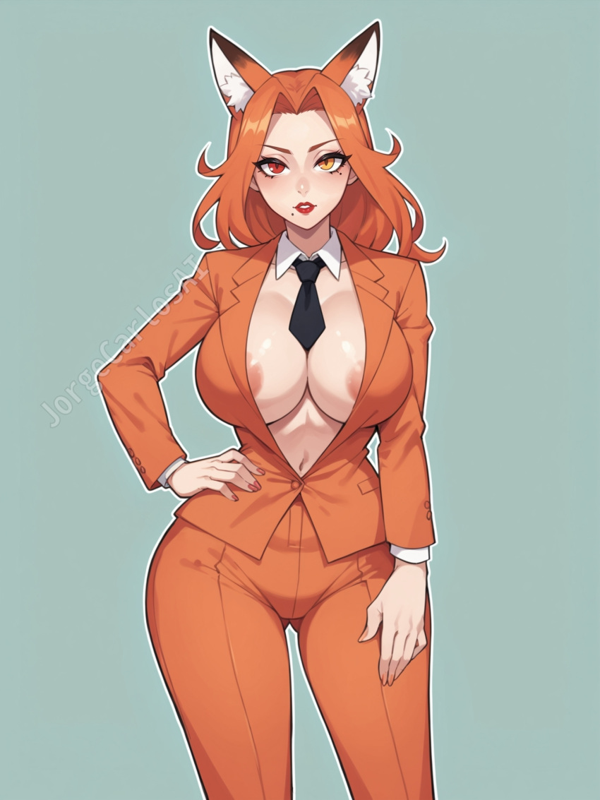 ai_generated areola areola_slip areolae big_cleavage boss breasts cleavage female female_boss female_focus female_only flowing_hair fox fox_ears fox_girl foxy hand_on_hip hand_on_thigh heterochromia huge_breasts jorgecarlosai lipstick long_hair mole navel nude_underneath office_girl office_lady orange_eyes orange_hair orange_pants orange_suit orange_topwear red_eyes simple_background standing suit tie unbuttoned_jacket watermark