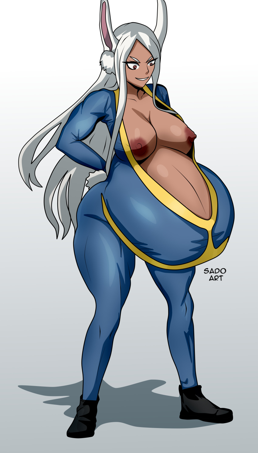 1girls belly big_belly breasts dark-skinned_female dark_skin fallout female miruko my_hero_academia nipples pregnant sado_art solo vault_suit white_hair