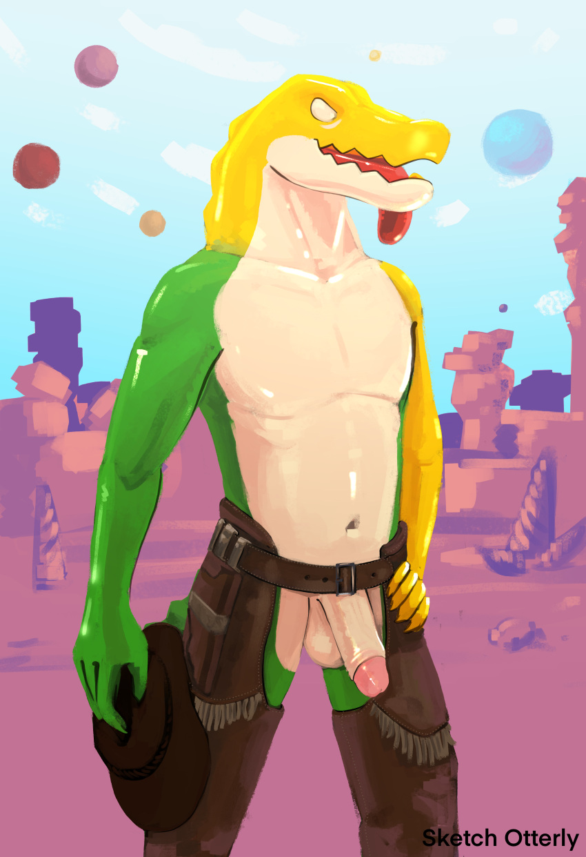 absurd_res alligator alligatorid animal_humanoid aroused bodily_fluids candy clothing cowboy cowboy_hat cowboy_outfit crocodile crocodilian crocodylid dessert detailed_background food food_creature genitals glitch_productions gummigoo_(the_amazing_digital_circus) gummy_(food) gummy_creature hat headgear headwear hi_res holding_object humanoid humanoid_genitalia humanoid_penis living_candy male male_only penis posing_for_picture reptile reptile_humanoid scalie scalie_humanoid solo the_amazing_digital_circus tongue tongue_out