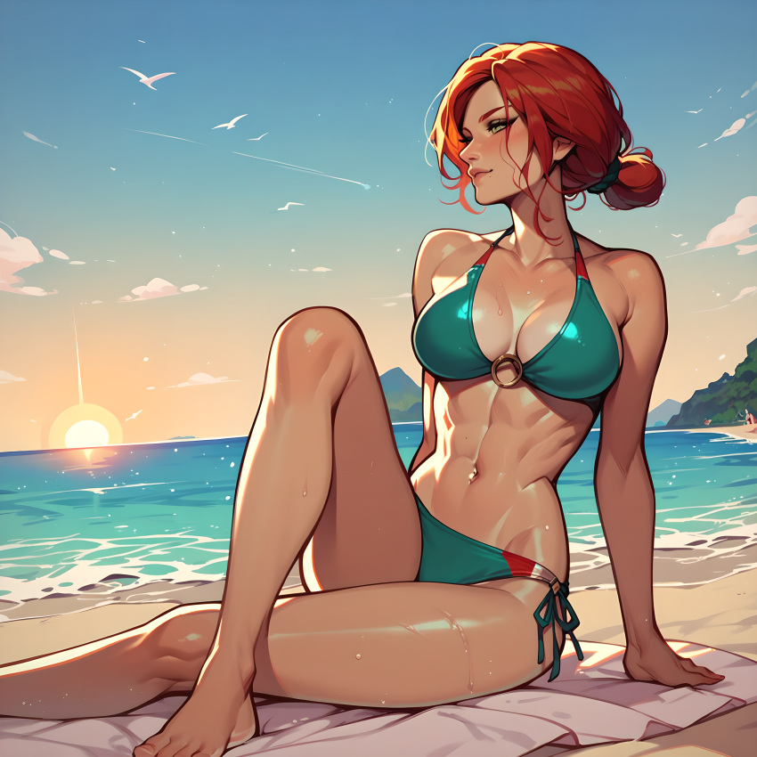 ai_generated beach breasts female light-skinned red_hair solo swimsuit the_witcher_(series) the_witcher_3:_wild_hunt triss_merigold ximiral