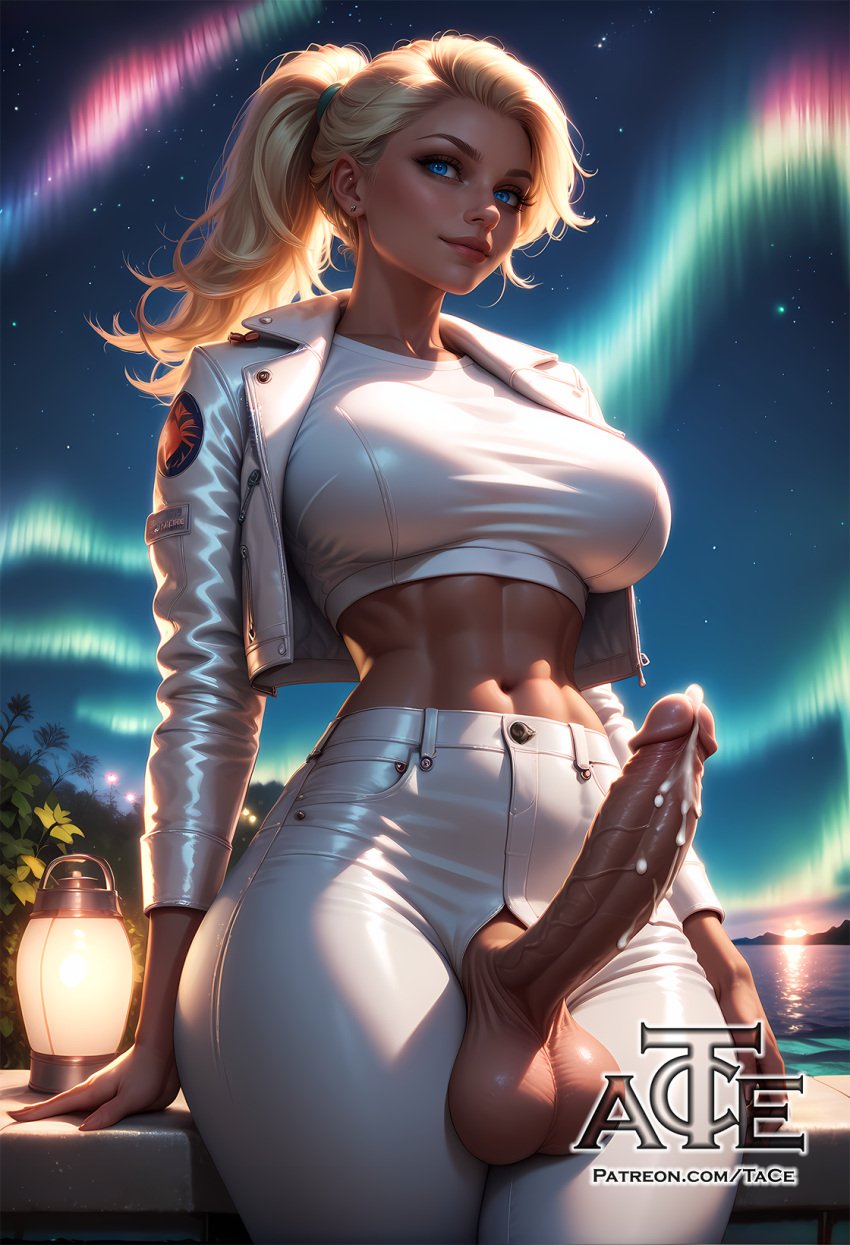 1futa abs ai_generated aurora_borealis balls big_balls big_breasts breasts cum cumming curvy dickgirl erect_penis erection futa_only futa_sans_pussy futanari huge_cock looking_at_viewer nsfw penis perfect_body ready_to_fuck small_waist smile solo taceee testicles