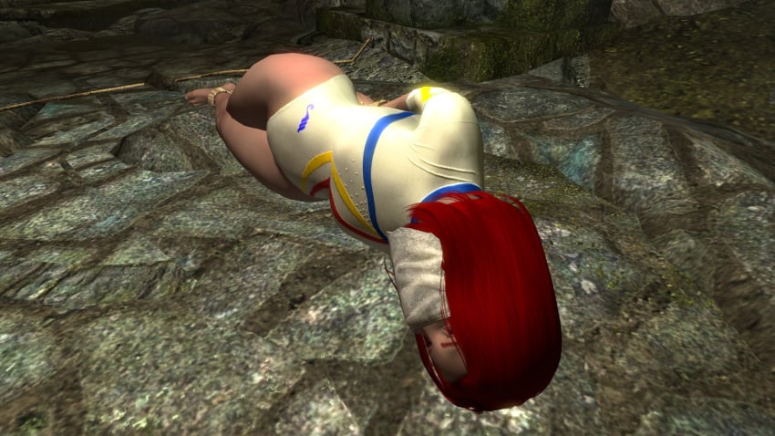 1girls 3d arms_behind_back bound_ankles bound_wrists cloth_gag dirkjag gag gagged leotard mod red_hair skyrim