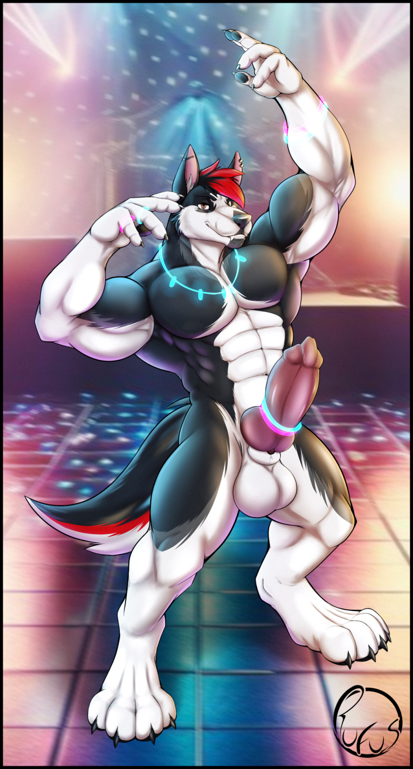 abs animal_genitalia animal_penis anthro balls biceps black_body black_border black_fur black_hair black_piercing border brown_eyes canid canine canine_genitalia canine_penis canis claws domestic_dog ear_piercing ear_tuft erection facial_piercing finger_claws fur genitals gold_piercing grey_body grey_fur hair hi_res highlights_(coloring) husky industrial_piercing knot lip_piercing looking_at_viewer male mammal multicolored_hair muscular nightclub nordic_sled_dog paws pecs penis piercing pose public public_nudity red_hair red_penis rufusinuzuka sebastian_the_husky sheath smile smiling_at_viewer snakebite_piercing solo spitz standing tail teeth tuft white_body white_fur