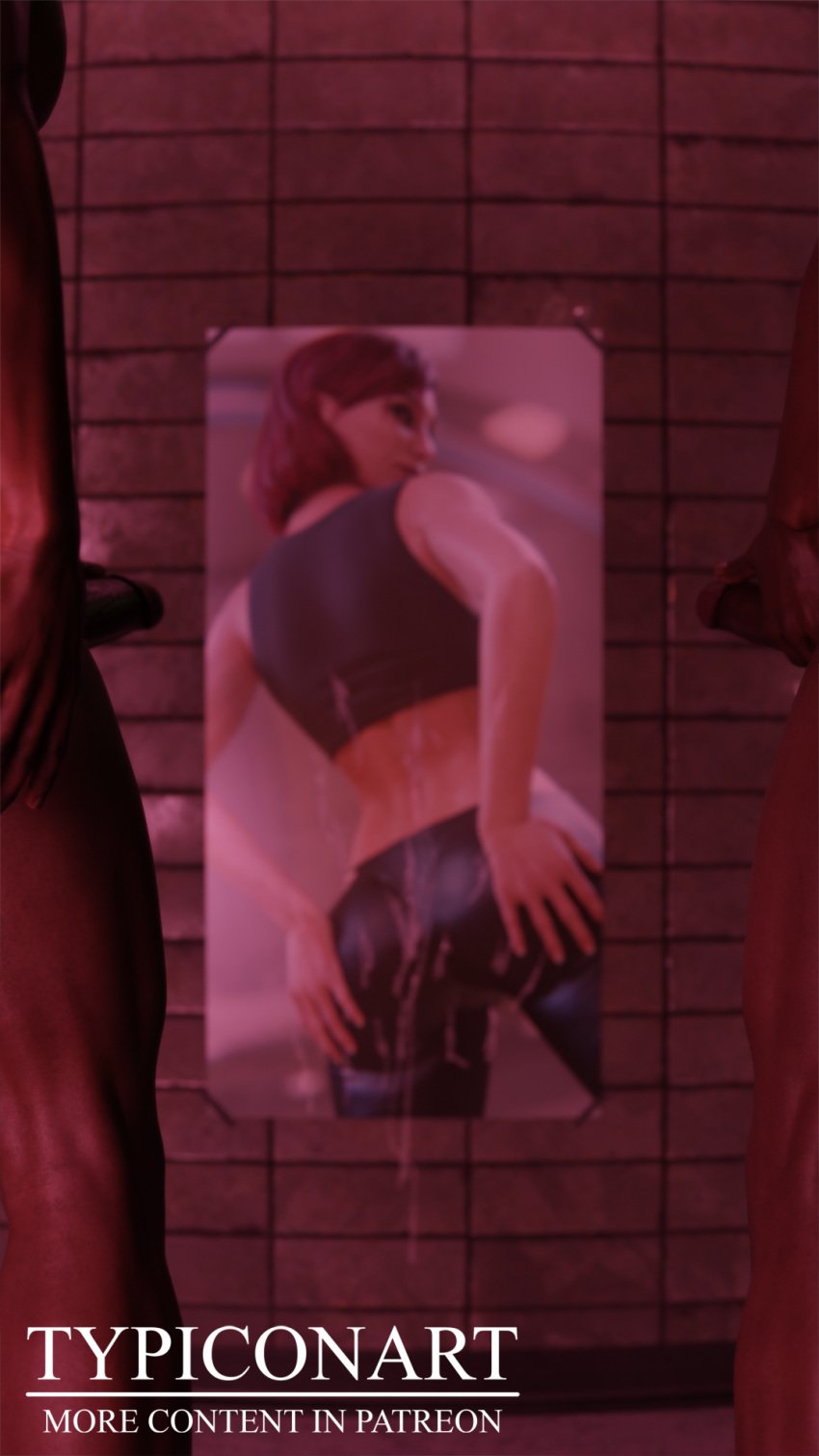 2boys 3d 3d_(artwork) ass ass_focus ass_grab blender blender_(software) blender_cycles breasts breasts clothing cum cumshot femshep gym gym_clothes gym_uniform hands_behind_head hands_on_head mass_effect masturbation solo solo_female standing typiconart