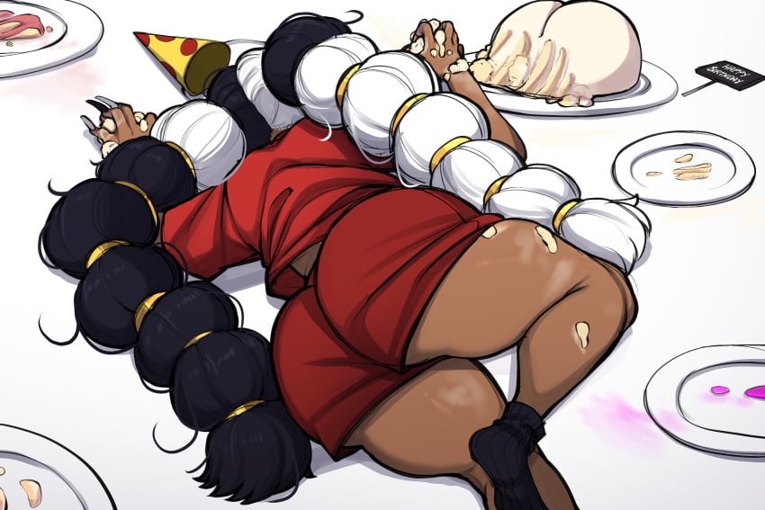 1girls birthday birthday_cake black_and_white_hair black_hair black_socks blackwhiplash bwl cake clothed_female dark-skinned_female dark_skin fat_ass food food_shaped_like_ass huge_ass laying_on_floor lezzy_(blackwhiplash) pigtails red_shirt red_shorts sleeping solo sona_(blackwhiplash) white_hair yamcha_death_pose