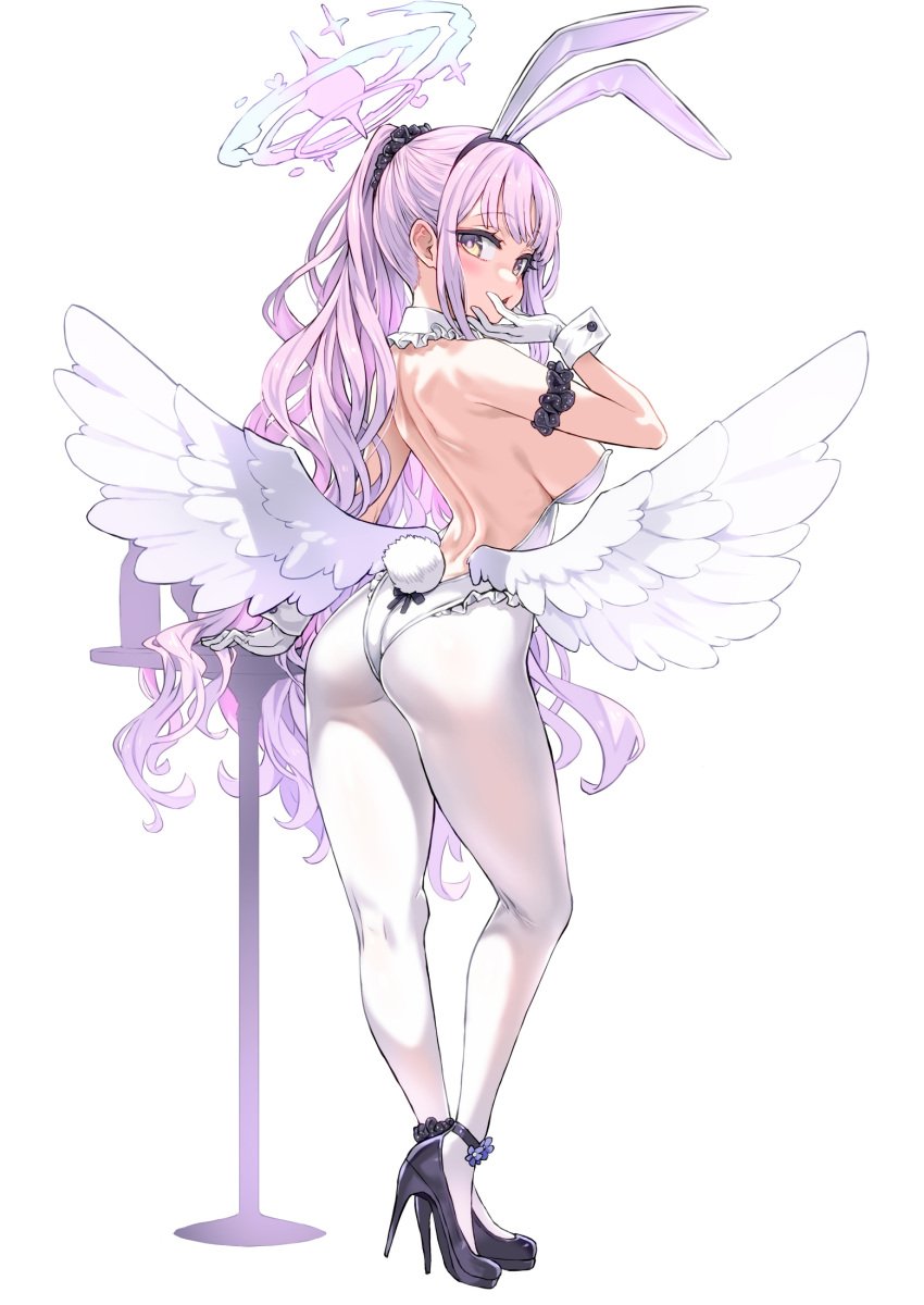 1girl angel_wings asanagi blue_archive bunny_ears bunny_girl bunnysuit halo high_heels light-skinned_female light_skin mika_(blue_archive) pink_hair