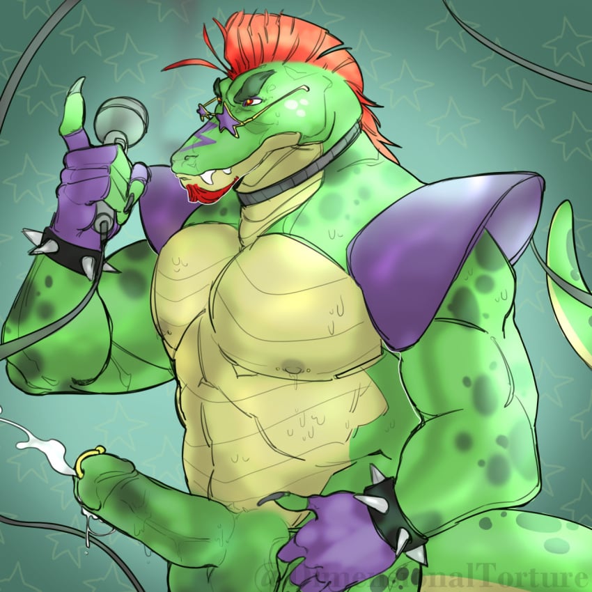 alligator alligator_tail alligatorid alligatorid_humanoid animatronic anthro artist_request background biceps body_markings collar crocodile crocodile_tail crocodilian crocodylid cum cum_drip cum_on_lower_body cum_on_penis erect_penis facial_markings five_nights_at_freddy's five_nights_at_freddy's:_security_breach fnaf genital_piercing green_body hands_on_hips lighting_bolt looking_away machine male_only microphone mohawk mohawk_(hairstyle) montgomery_gator_(fnaf) muscular muscular_anthro muscular_arms muscular_male muscular_thighs nipple_piercing non-human non_mammalian_nipples pink_glans red_hair reptile reptile_humanoid robot robot_humanoid scottgames simple_background spiked_bracelet spotted_body steel_wool_studios sweating sweating_profusely tail tail_markings tattoo two_tone_body