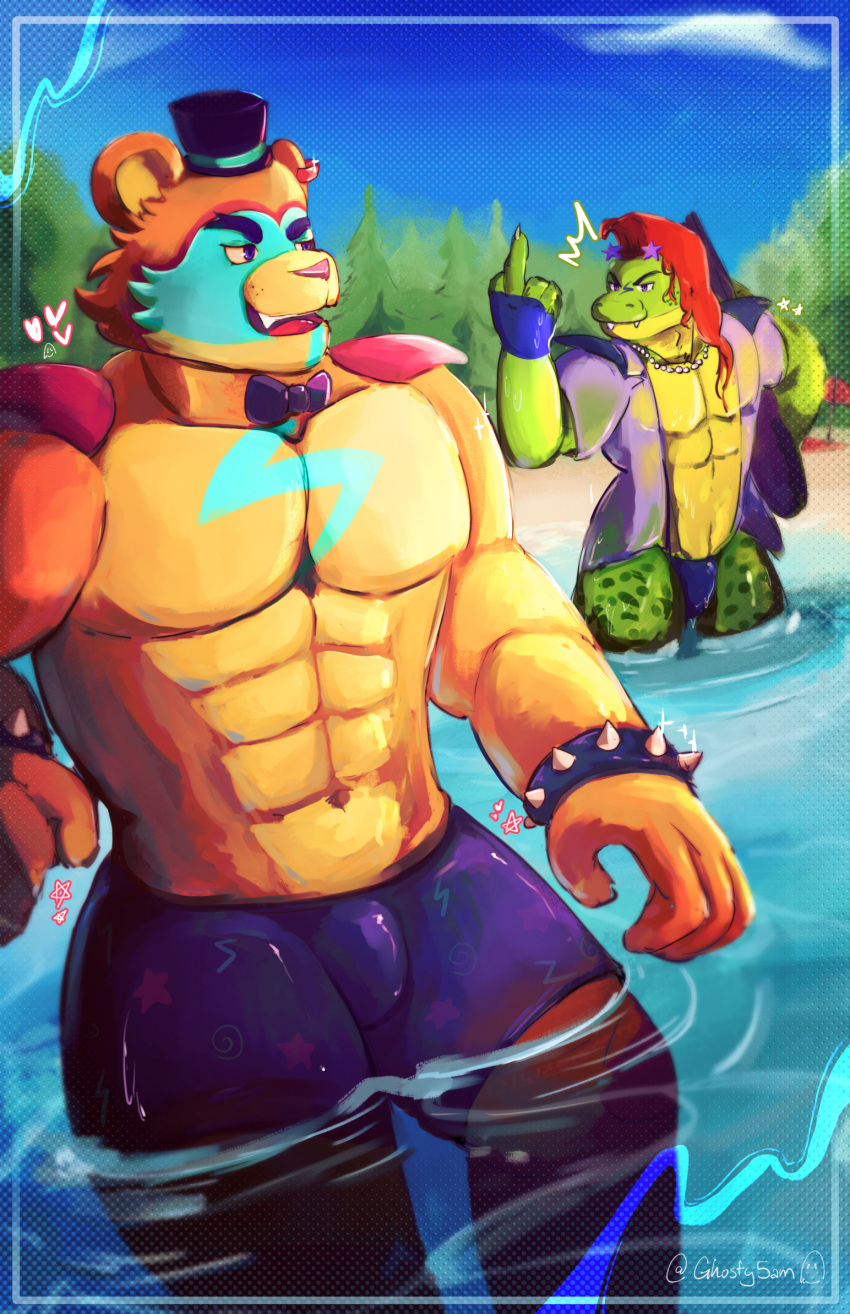 alligator alligator_tail alligatorid alligatorid_humanoid animatronic anthro artist_request background beach bear biceps big_bulge blue_eyes blue_nails body_markings bowtie crocodile crocodile_tail crocodilian crocodylid facial_markings five_nights_at_freddy's five_nights_at_freddy's:_security_breach fnaf glamrock_freddy_(fnaf) green_body heart hearts_around_head lighting_bolt machine male male_focus middle_finger mohawk mohawk_(hairstyle) montgomery_gator_(fnaf) muscular muscular_anthro muscular_arms muscular_male muscular_thighs non-human non_human non_mammalian_nipples orange_body pink_glans red_hair reptile reptile_humanoid robot robot_humanoid scottgames sea simple_background smiling smiling_at_another spiked_bracelet spotted_body steel_wool_studios tail tail_markings tan_body tattoo top_hat two_tone_body ursid ursid_humanoid ursine