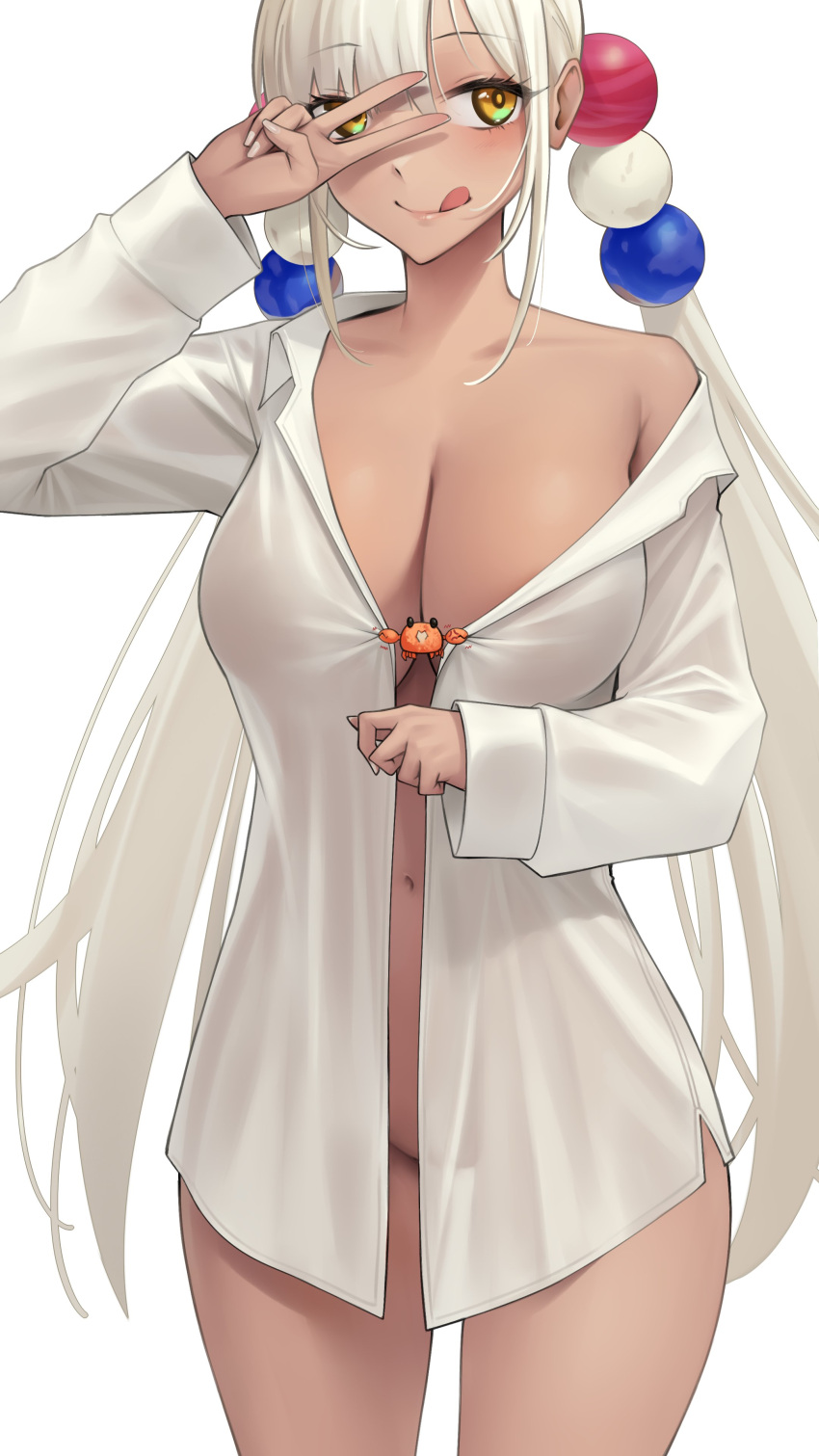 1girls amber_eyes big_breasts bottomless breasts cleavage crab dark-skinned_female dark_skin eyebrows eyebrows_visible_through_hair eyelashes female female_only hair_ornament hololive hololive_english hololive_english_-council- hourglass_figure human large_breasts long_hair no_bra no_panties partially_clothed shirt shirt_only simple_background smile solo solo_focus somebody standing thick_thighs thighs tongue tongue_out tsukumo_sana virtual_youtuber vtuber white_background white_hair white_shirt wide_hips