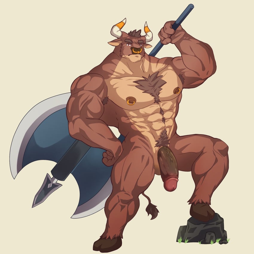 anthro balls biceps bovid bovine casual_nudity european_mythology flaccid fur genitals greek_mythology hi_res horn humanoid_genitalia humanoid_hands humanoid_penis jaxdoggo_ig male mammal manly minotaur muscular muscular_anthro muscular_male mythology nipples nude pecs penis piercing solo tail