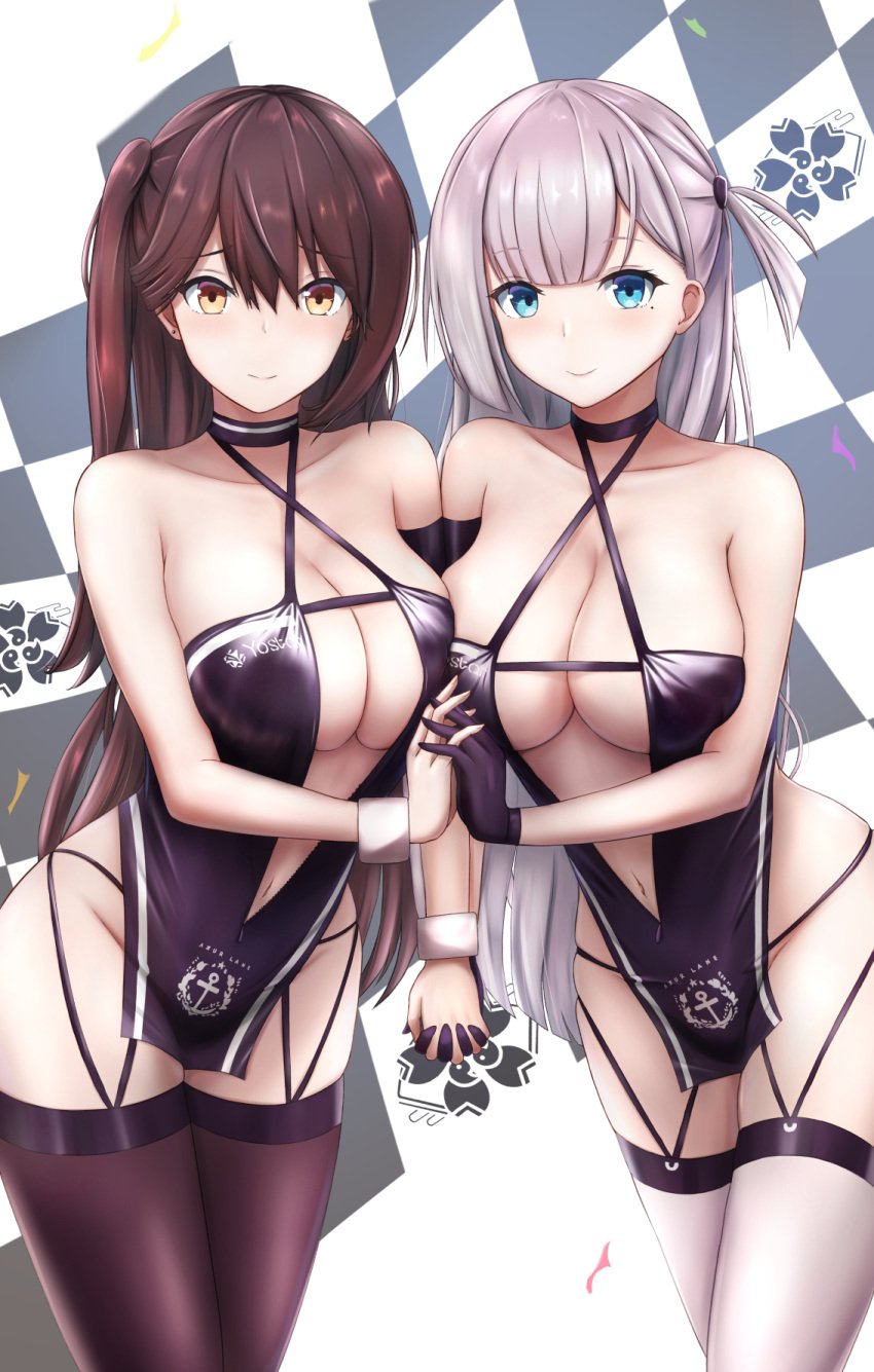 2girls azur_lane blue_eyes breasts brown_hair cleavage duo female female_only fully_clothed huge_breasts ks2_(amano_kusatsu/ks2rain) large_breasts light-skinned_female light_skin multiple_girls race_queen revealing_clothes sakura_empire_(azur_lane) shoukaku_(azur_lane) shoukaku_(sororal_wings)_(azur_lane) skimpy_clothes stockings white_hair zuikaku_(azur_lane) zuikaku_(the_wind's_true_name)_(azur_lane)