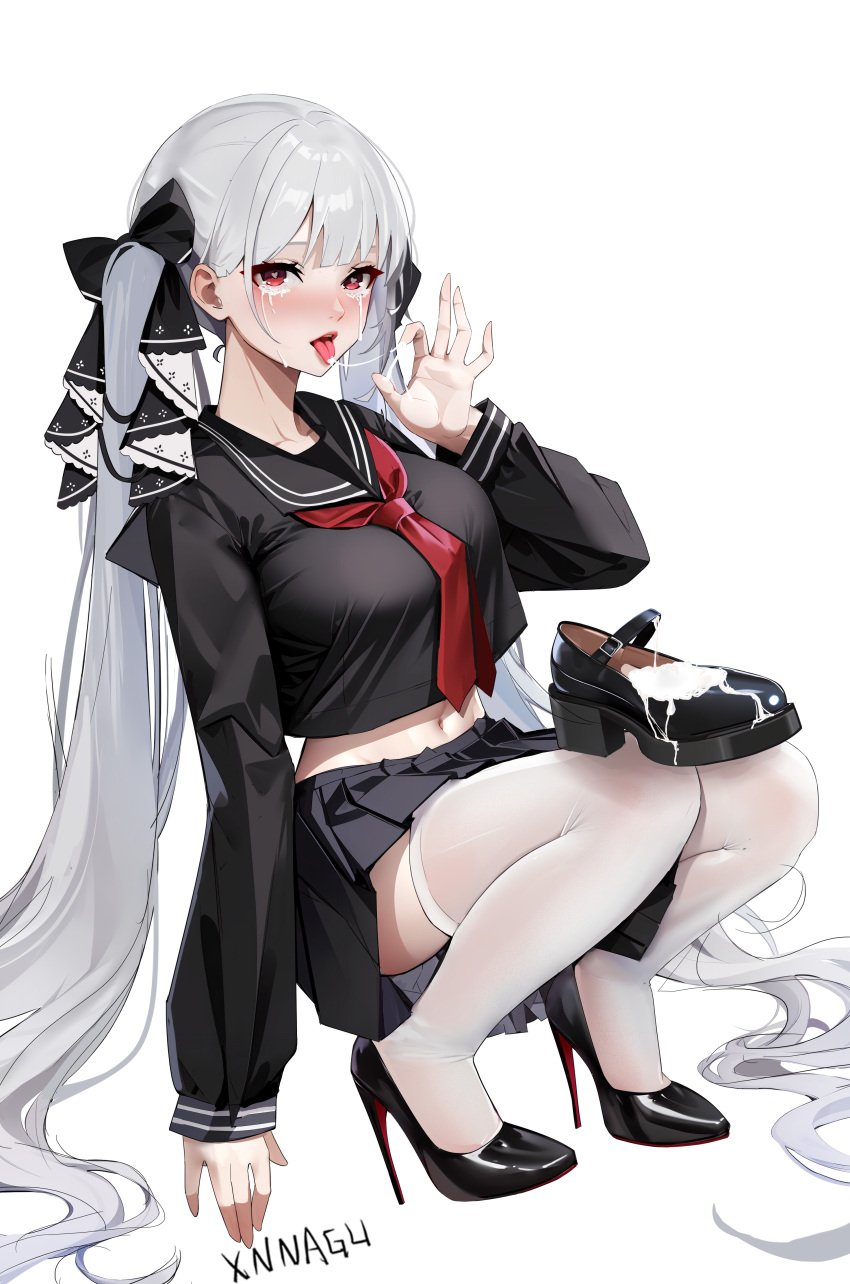 absurdres artist_name azur_lane black_sailor_collar black_serafuku black_skirt breasts cum cum_in_footwear cum_on_hands cum_string fellatio_gesture female formidable_(azur_lane) formidable_(the_lover&#039;s_heart_flutters_on_duty)_(azur_lane) full_body grey_hair hair_ribbon heart heart-shaped_pupils high_heels highres large_breasts long_hair looking_at_viewer navel navel_peek neckerchief official_alternate_costume red_eyes red_neckerchief ribbon sailor_collar school_uniform serafuku shoes skirt squatting symbol-shaped_pupils tears thighhighs tie tongue tongue_out twintails two-sided_ribbon two-tone_ribbon unworn_shoes very_long_hair white_background white_thighhighs xnnagu