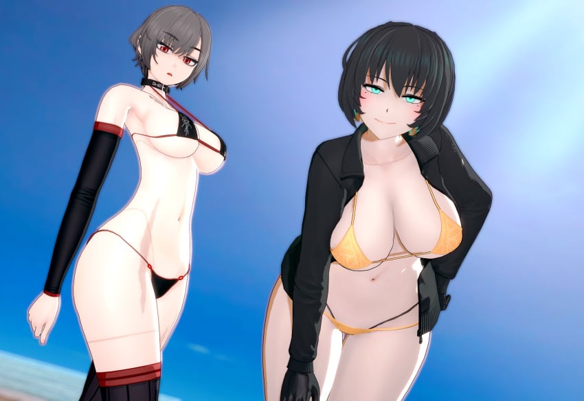 2girls 621_(armored_core_6) allmind_(armored_core_6) bikini black_hair breasts female female_only jacket_open multiple_girls red_eyes silver_hair teal_eyes thick_thighs thighs valiance