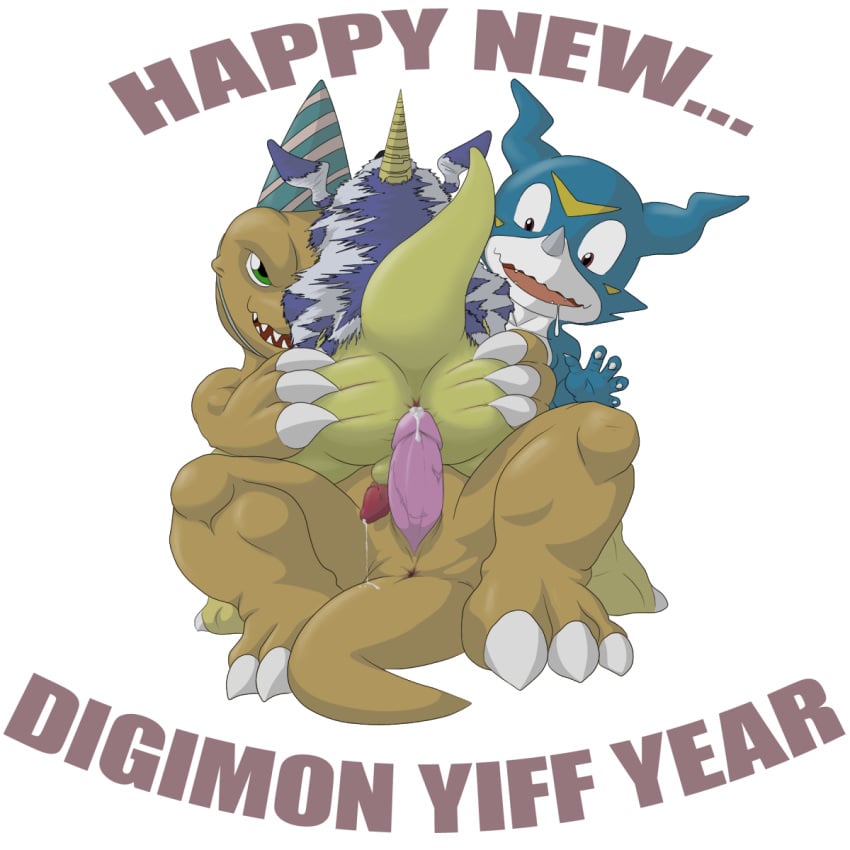 agumon anus bandai claws cowgirl_position cum digimon english_text erection furry furry_only gabumon gay group holidays male new_year on_top penis precum raised_tail sex spreading straddling text veemon vein x_zudomon