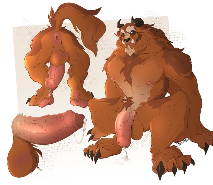 absurd_res anthro anus balls beast_(disney) beauty_and_the_beast bodily_fluids brown_body brown_fur claws digital_media_(artwork) disney dripping erection fur genital_fluids genitals hexkates hi_res horn humanoid_genitalia humanoid_penis leaking_precum male mammal monster muscular muscular_male nipples nude penis precum precum_drip precum_string simple_background solo tail teeth