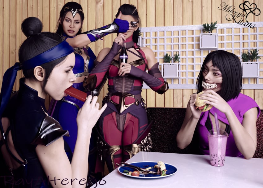 3d 4girls alternate_timeline athletic athletic_female black_hair clone covering_eyes curvaceous double_date edenian empress eye_contact female female_focus female_only fingerless_gloves fit flirting food hand_over_eye ice_cream implied_incest implied_oral kitana kitana_(mk11) kitana_(new_era) kiteena licking long_hair mileena mileena_(mk11) mileena_(new_era) mortal_kombat mortal_kombat_1_(2023) outworld princess rayalterego23 restaurant royalty selfcest sisters smile soda suggestive suggestive_look twincest yuri