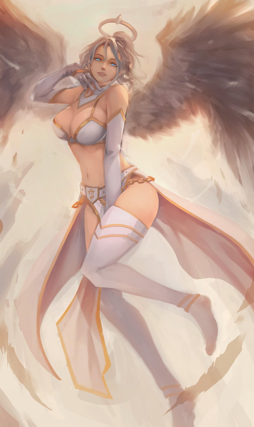 1girls angel_wings armwear athletic_female big_breasts blizzard_entertainment blue_eyes breasts female halo human human_(world_of_warcraft) legwear light-skinned_female light_skin luluz original_character paladin_(warcraft) ponytail solo stockings thighs valencia_whitmore warcraft white_hair world_of_warcraft