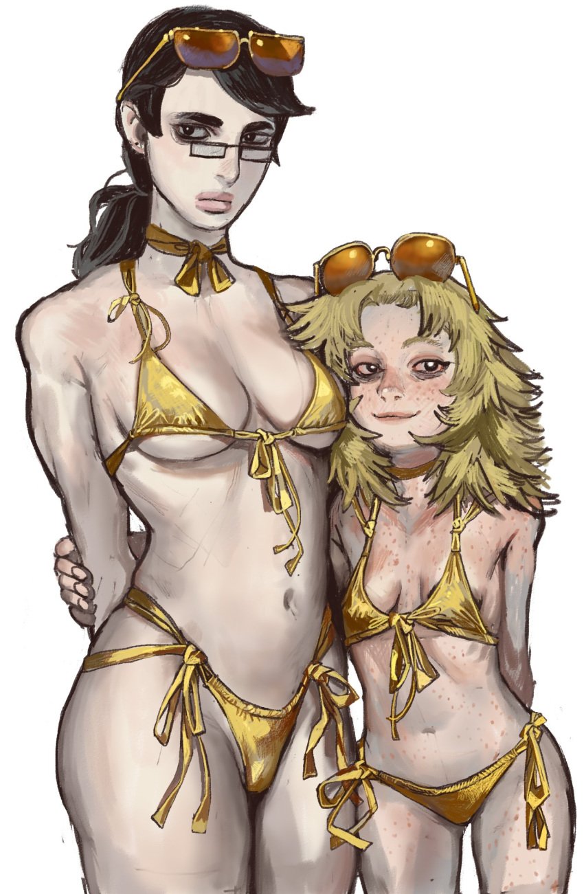 2girls aviator_sunglasses bags_under_eyes big_breasts billions_must_die_(meme) black_eyes black_hair blonde_hair body_freckles bra busty chud chuddette_(mossa) cleavage coomer eyewear female female_focus female_only flat_chest freckles funny genderswap_(mtf) glasses gold_bikini gold_bikini_top golden_week height_difference light-skinned_female looking_at_viewer medium_breasts meme messy_hair mossa navel pale_skin ponytail rule_63 shorts size_difference small_breasts smile soyjak string_bikini sunglasses sunglasses_on_head wide_hips wojak wojak_comics