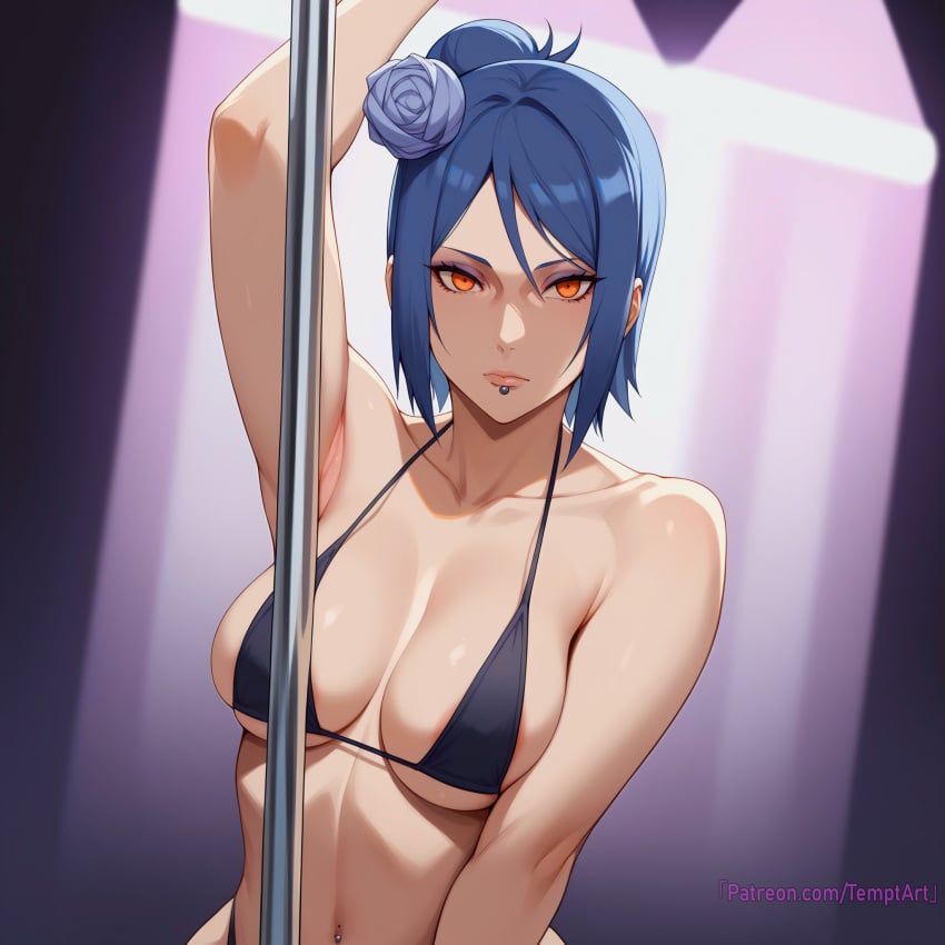 1girls ai_generated akatsuki_(naruto) big_breasts bikini bikini_bottom bikini_top blue_hair blush breasts chin_piercing cleavage embarrassed eyeliner eyeshadow facial_piercing female female_only flower flower_in_hair hair_ornament huge_breasts konan large_breasts light-skinned_female light_skin looking_at_viewer makeup mascara mature mature_female midriff nai_diffusion naruto naruto_(series) naruto_shippuden navel navel_piercing orange_eyes paipan pale-skinned_female pale_skin patreon_username pole pole_dancing seducing seducing_viewer seduction seductive shoulder_length_hair solo solo_focus stable_diffusion stripper stripper_pole temptart underwear url watermark web_address wide_hips