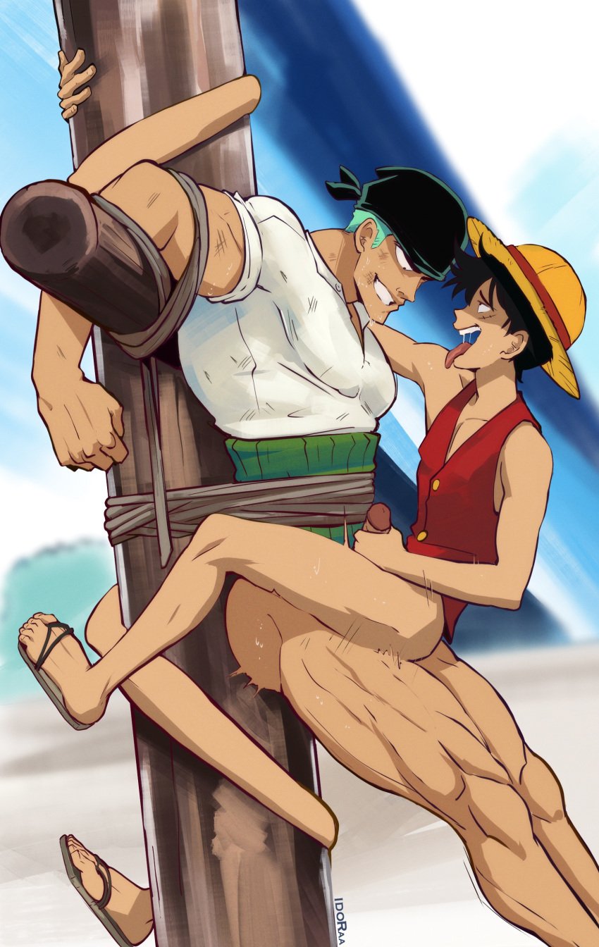 anal bara bondage gay gay_sex idoraad lilprincyvi male male_only monkey_d_luffy muscles muscular muscular_male one_piece roronoa_zoro sandals stretchy_arms teen_boy tied_to_pole tied_up yaoi