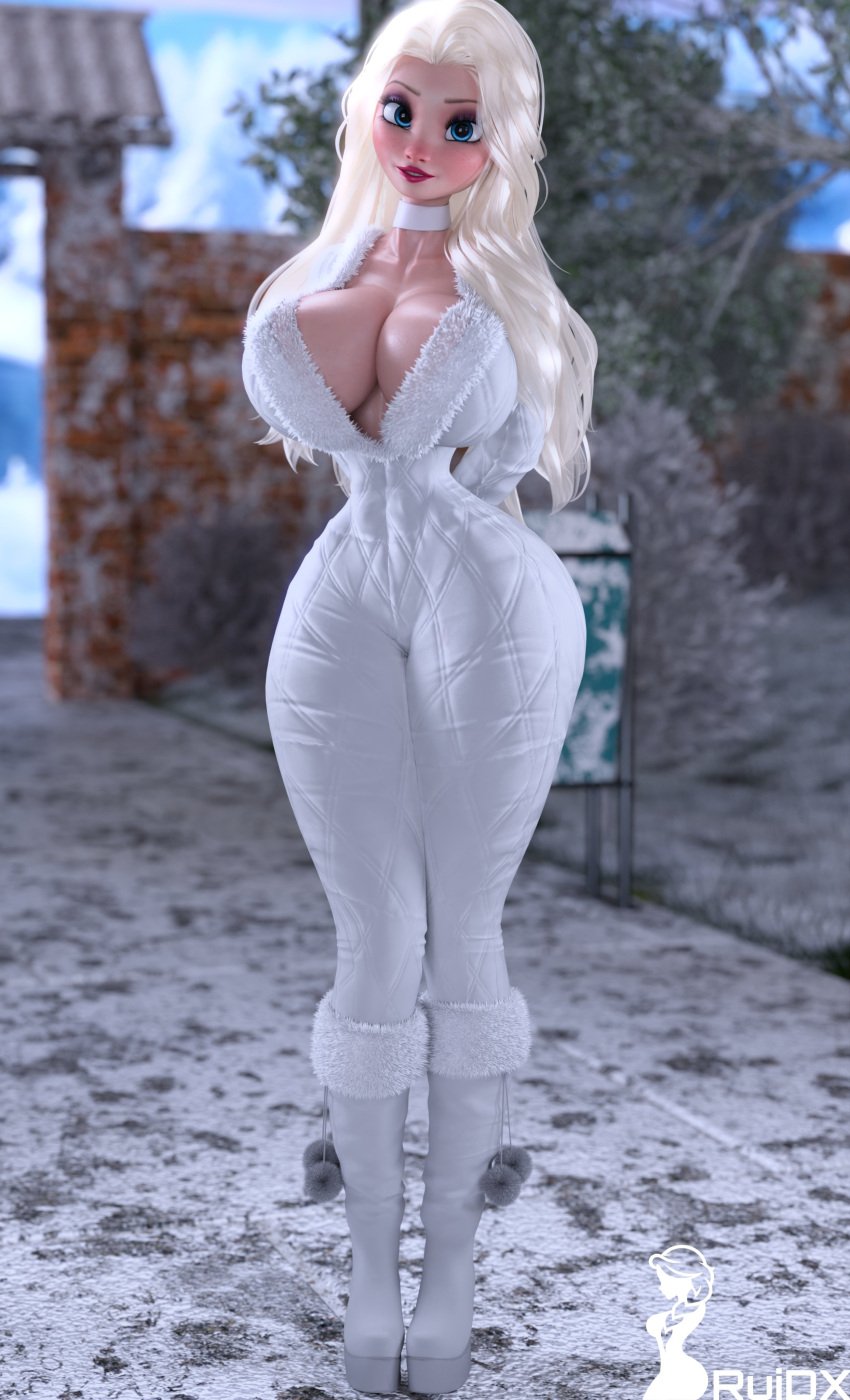 1girls ass_bigger_than_head bimbo bimbofication boots breasts_bigger_than_torso choker elsa_(frozen) eyeshadow frozen_(film) frozen_2 high_heel_boots high_heels hourglass_figure huge_ass huge_breasts jumpsuit large_ass large_breasts looking_at_viewer nipple_bulge outside platform_heels red_lipstick ruidx white_hair white_jumpsuit