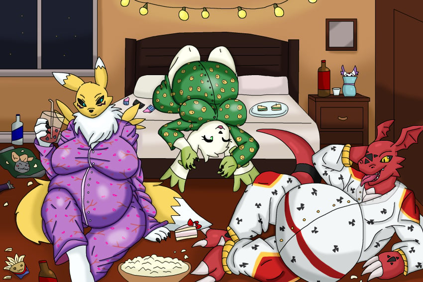 2girls1boy alternate_version_available ambiguous_prey anthro anthro_female anthro_male bedroom bedroom_setting black_sclera blue_eyes breasts canine cobalt123 digimon digimon_(species) digimon_tamers dinosaur female food fox gold_eyes green_pajamas guilmon laying_on_back laying_on_bed male male_to_female pajamas party post_vore purple_pajamas red_scales renamon rule_63 sitting_down terriermon white_fur white_pajamas yellow_fur