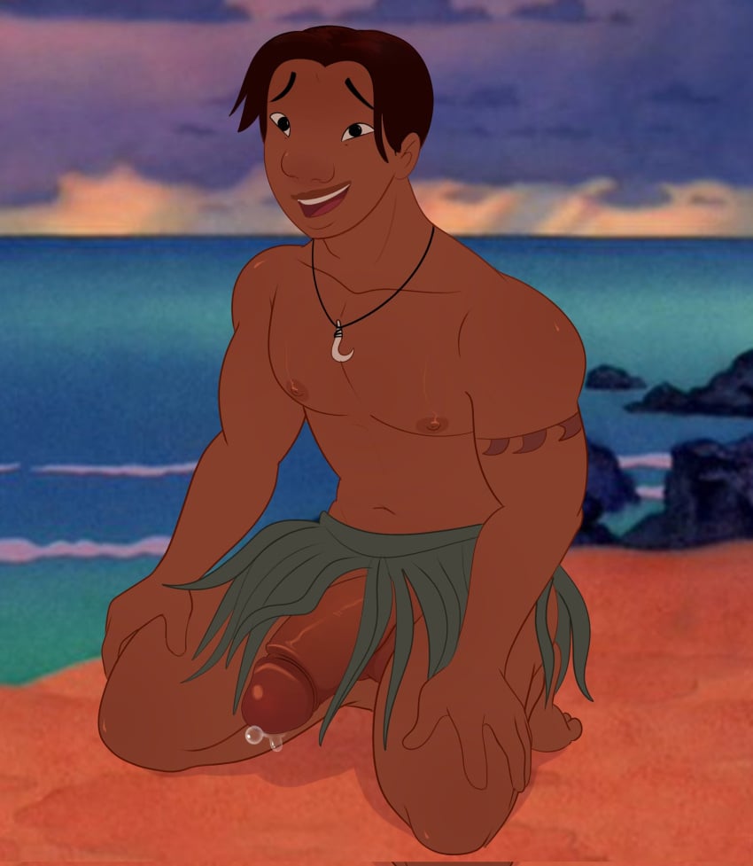 1boy abs biceps big_balls big_penis brown_eyes brown_hair cum cum_drip cumshot dark-skinned_male dark_skin david_kawena digital_media_(artwork) disney erect_penis erection hairless half-erect hawaiian hi_res highres huge_cock huge_cock joeemillery kneeling lilo_and_stitch male male_only muscular muscular_male naked naked_male necklace nipples nude nude_male pecs precum precum_drip solo solo_focus solo_male tan-skinned_male tan_skin tanned tanned_skin tattoo tattooed_arm thick_penis uncircumcised uncut veiny_penis