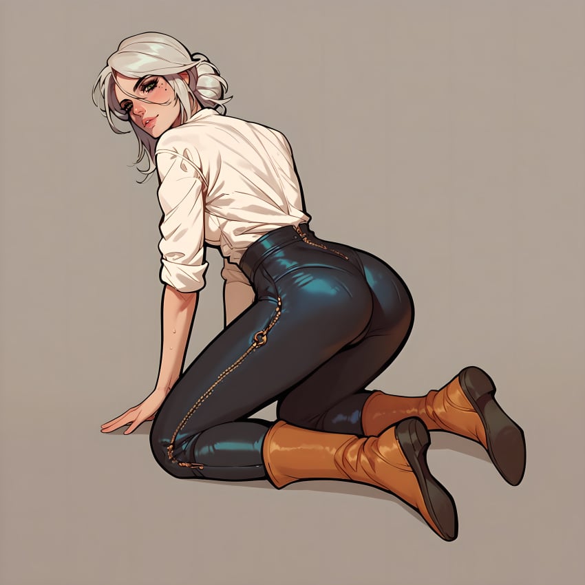 ai_generated ass ciri clothing female green_eyes light-skinned_female looking_at_viewer scar solo the_witcher_(series) the_witcher_3:_wild_hunt white_hair ximiral