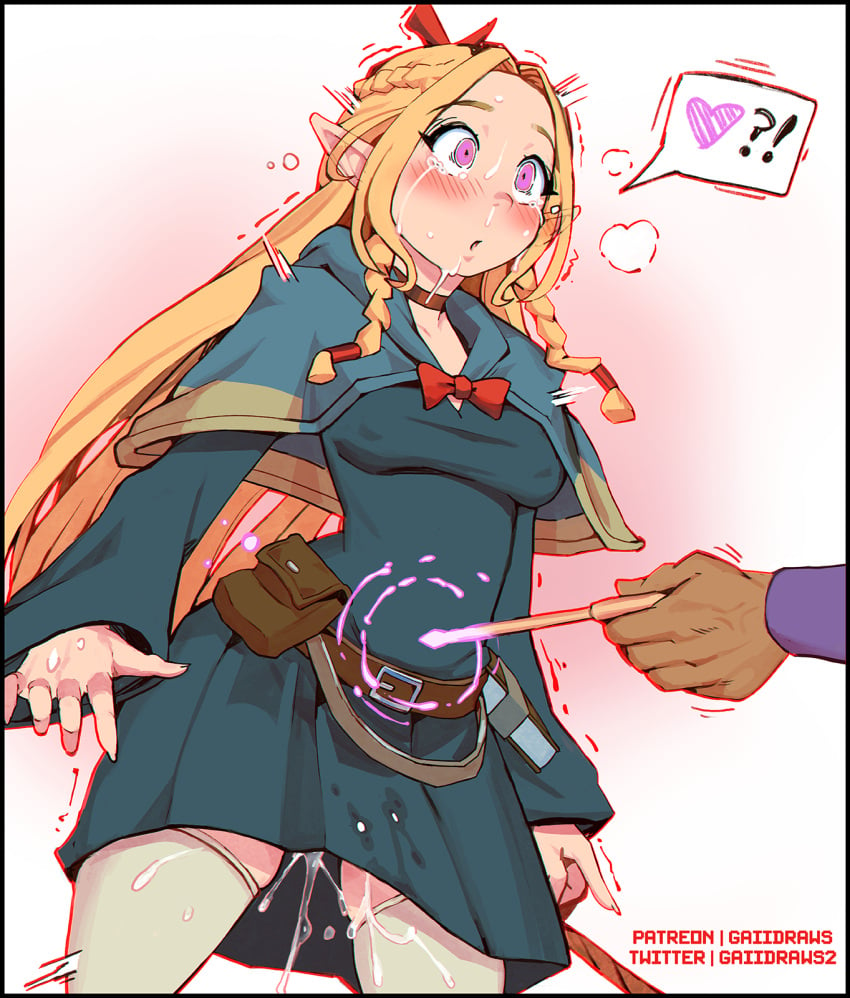 1boy 1girls blush bowtie braided_hair braided_twintails choker climax delicious_in_dungeon dress drooling dungeon_meshi elf elf_ears elf_female female female_ejaculation female_focus female_orgasm forced_orgasm gaiidraws magic magic_user magic_wand male marcille_donato medium_breasts nipple_bulge nipples_visible_through_clothing orgasm pink_eyes pussy_juice pussy_juice_drip pussy_juice_drip_through_clothes spell spoken_exclamation_mark spoken_heart spoken_question_mark spontaneous_ejaculation spontaneous_orgasm squished_thigh tears_of_pleasure thighhighs wet_pussy white_thighhighs