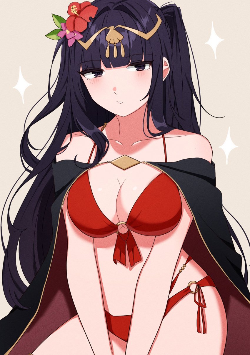 1girls alternate_costume bikini black_cape black_eyes black_hair blunt_bangs blush breasts cape circlet cleavage collarbone female female_only fire_emblem fire_emblem_awakening fire_emblem_heroes flower gmais2514 gold_trim grey_background hair_flower hair_ornament highres large_breasts long_hair looking_at_viewer nintendo official_alternate_costume pink_flower red_bikini red_cape red_flower red_swimsuit simple_background solo swimsuit tharja_(fire_emblem) tharja_(summer)_(fire_emblem) two-tone_cape two_side_up