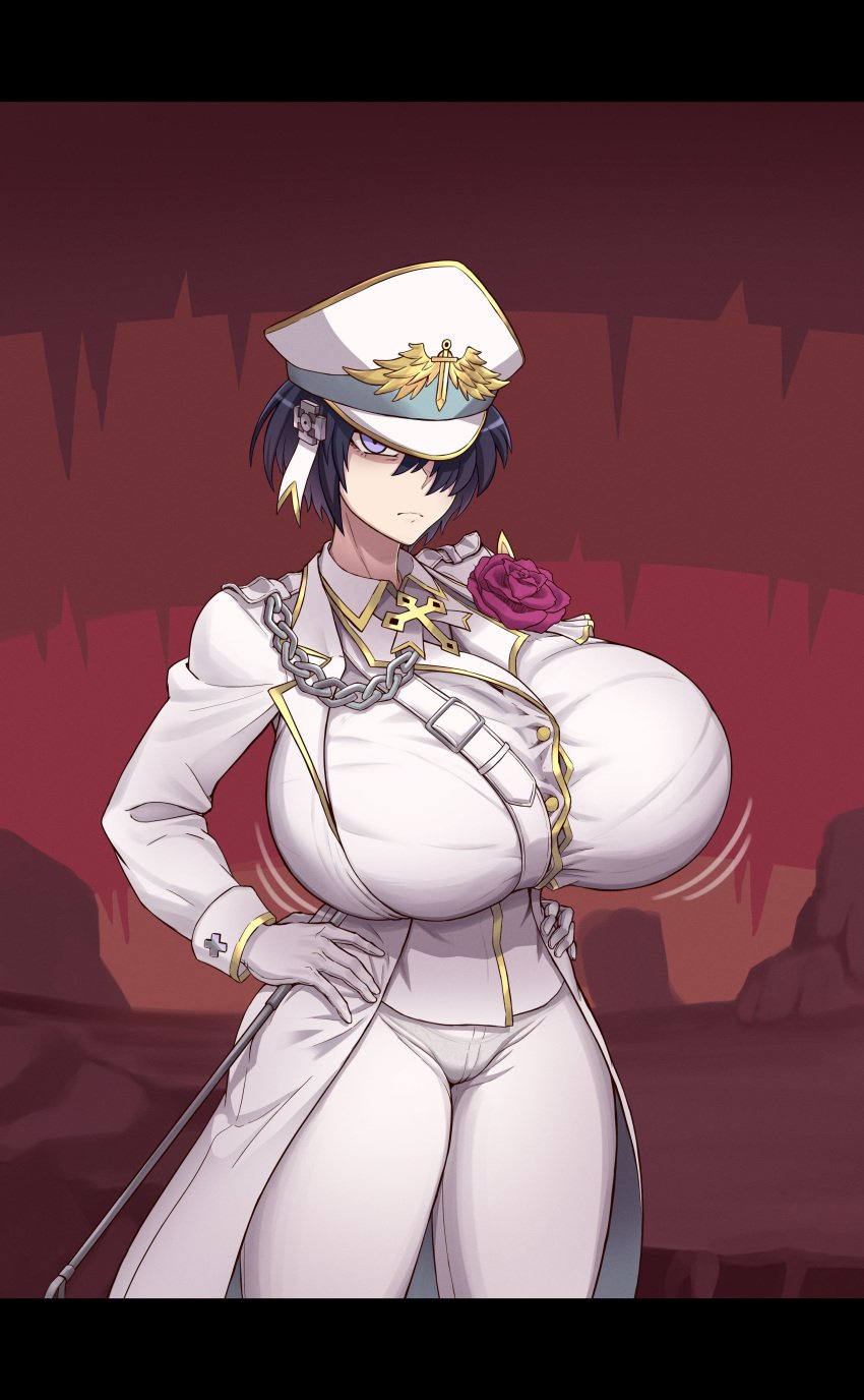 1girls 2023 akubishin angel_(helltaker) angel_general_(helltaker) big_breasts breasts busty curvaceous curvy curvy_body curvy_female curvy_figure female flower gloves helltaker huge_breasts large_breasts michael_(helltaker) military military_hat military_jacket military_uniform voluptuous white_gloves white_jacket