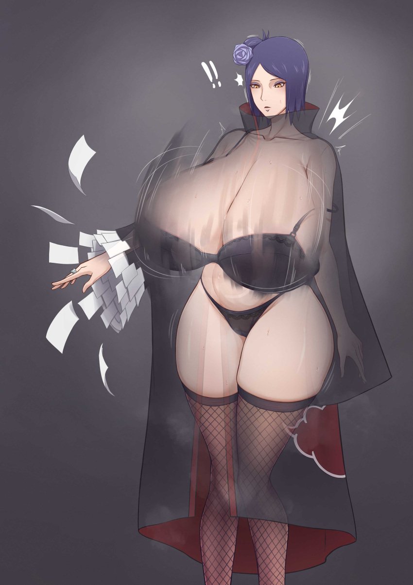 1girls akubishin blue_hair breast_focus breasts breasts_bigger_than_head breasts_visible_through_clothing cleavage coat female female_only fishnet_stockings fishnets high_collar hourglass_figure konan legs_together lingerie long_hair massive_breasts mature mature_female midriff milf naruto naruto_(series) naruto_shippuden orange_eyes paper pinup plump ring robe see-through see-through_clothing solo solo_focus stockings top_heavy top_heavy_breasts transparent_clothing underwear visible_breasts voluptuous wide_hips wide_sleeves