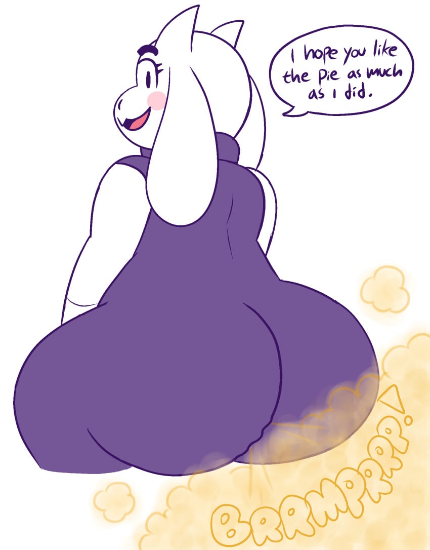 anthro ass big_butt blush boss_monster_(undertale) bovid brap brown_fart_cloud caprine clothing dialogue drawful-s fart fart_cloud female floppy_ears fur goat hi_res mammal pink_tongue purple_clothing purple_robe purple_speech_bubble purple_text robe simple_background snout solo sound_effects speech_bubble text thick_thighs tongue toriel undertale undertale_(series) vowelless vowelless_sound_effect white_background white_body white_fur