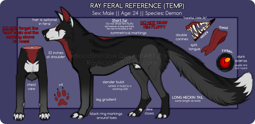 animal_genitalia black_body black_fur black_nose black_sclera canid dipstick_tail ear_piercing ear_ring ear_stud facial_markings fangs feral forked_tongue fur genitals grey_body grey_fur grey_tail head_markings hi_res male mammal markings model_sheet mouth_closed piercing ray_(rayliicious) rayliicious red_eyes red_inner_ear red_markings red_tongue ring_piercing sheath side_view simple_background solo tail tail_markings teeth text tongue url white_markings white_sheath